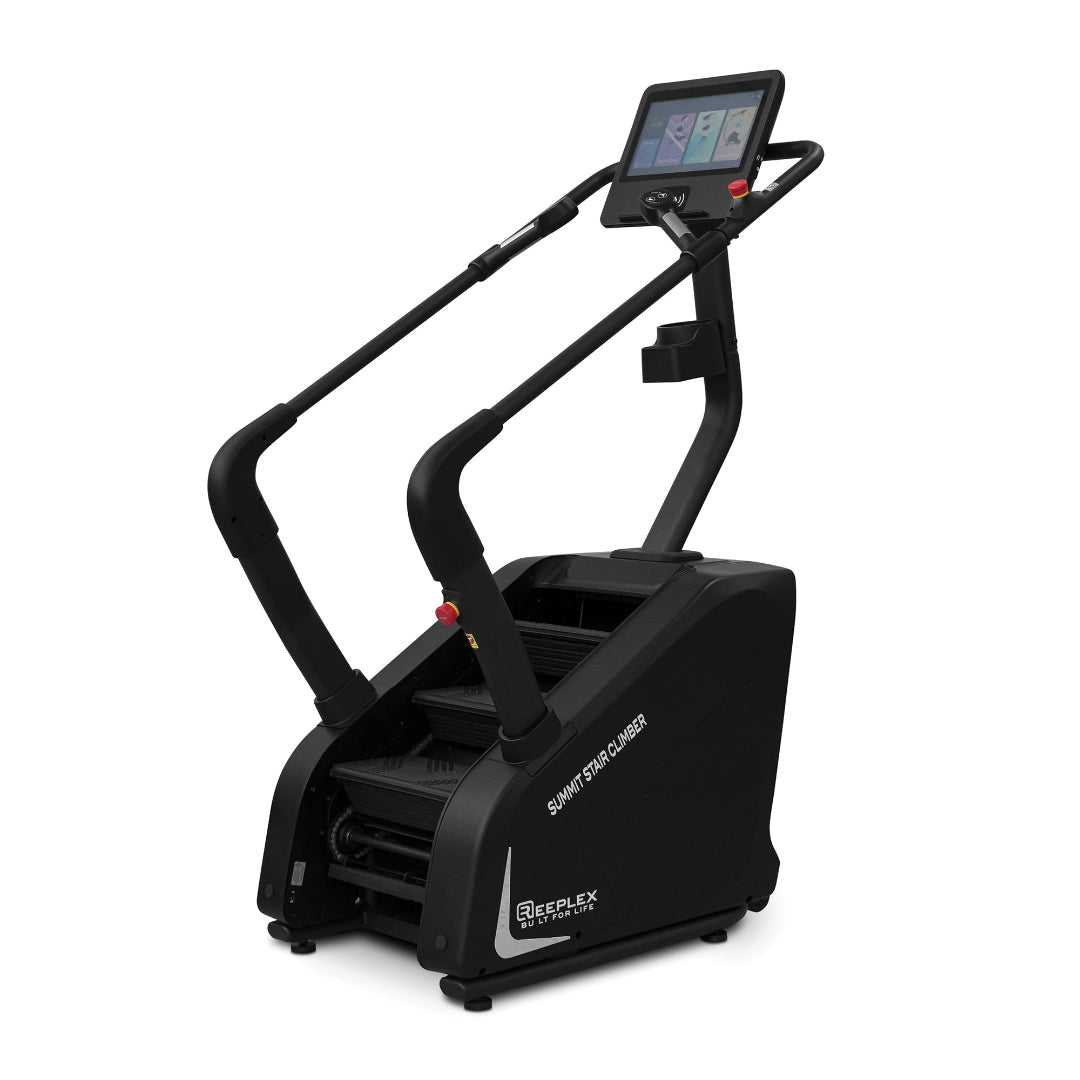 A black Reeplex Summit Home Stair Climber machine with a 15 inch touchscreen display.