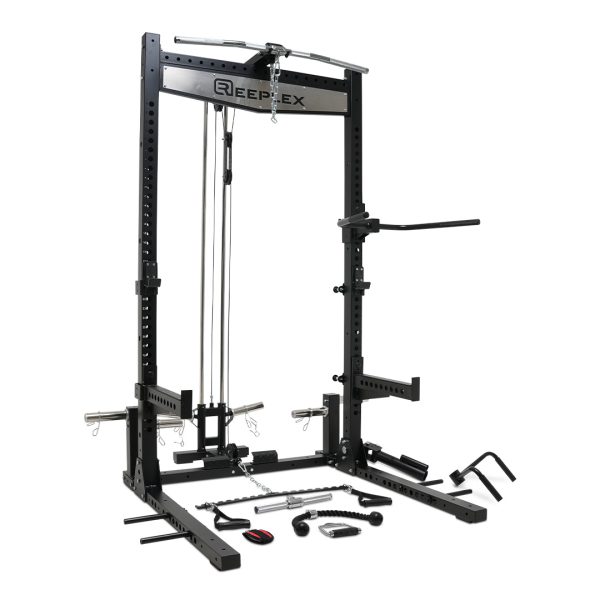 Reeplex RPR8 Heavy-Duty Squat Rack with Integrated Lat Pulldown and Adjustable Cable Attachments